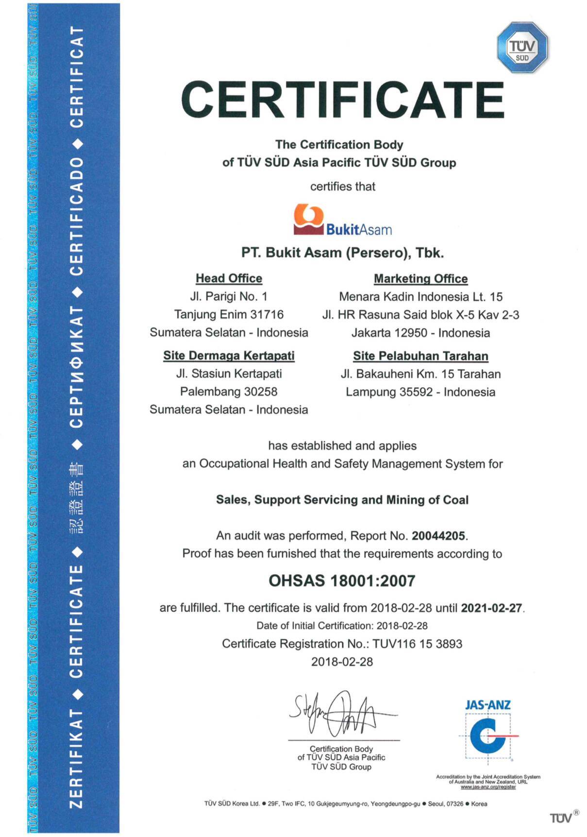 Certificate OHSAS 18001:2007